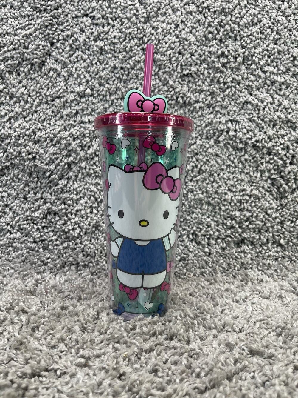 Hello Kitty Blue Dress Bows & Hearts Carnival Cup With Lid Straw 20 Oz New